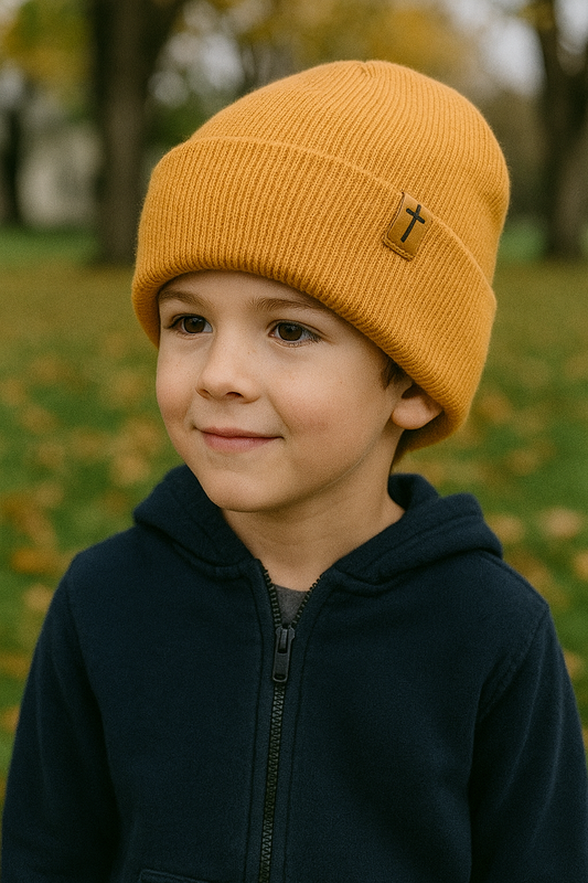 Kids Beanie with Leather Cross Tag